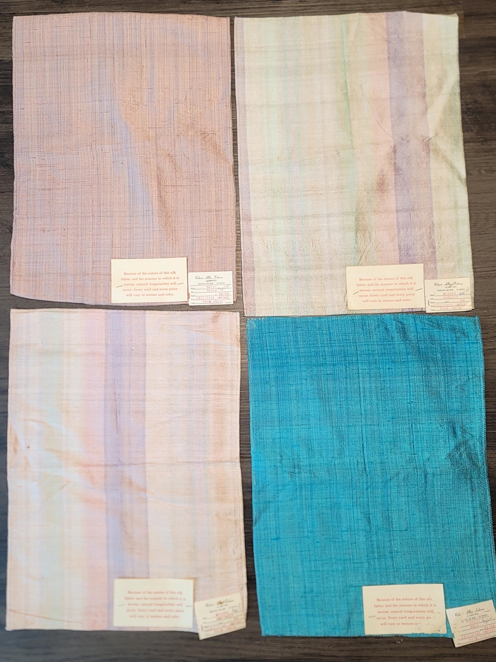 Set of 4 Handwoven 100% Silk Swatches - Pastel Stripes & Teal